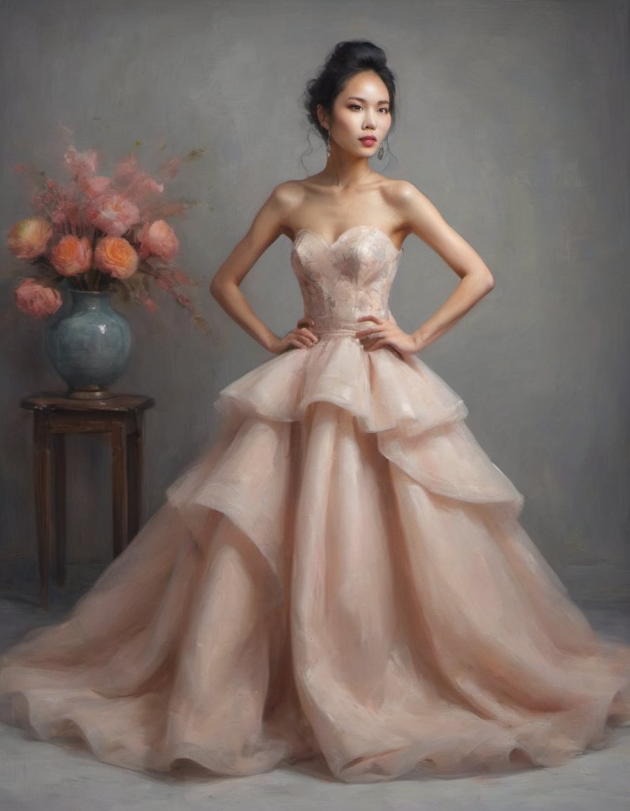 bright portrait of a beautiful Asian model in haute couture gown with simplified bright background