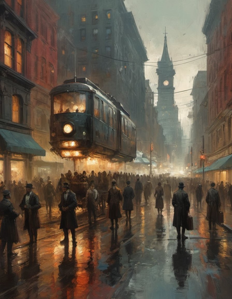 retro future 1890 steampunk Boston crowded downtown diverse population by Ismail Inceoglu and Jeremy Mann