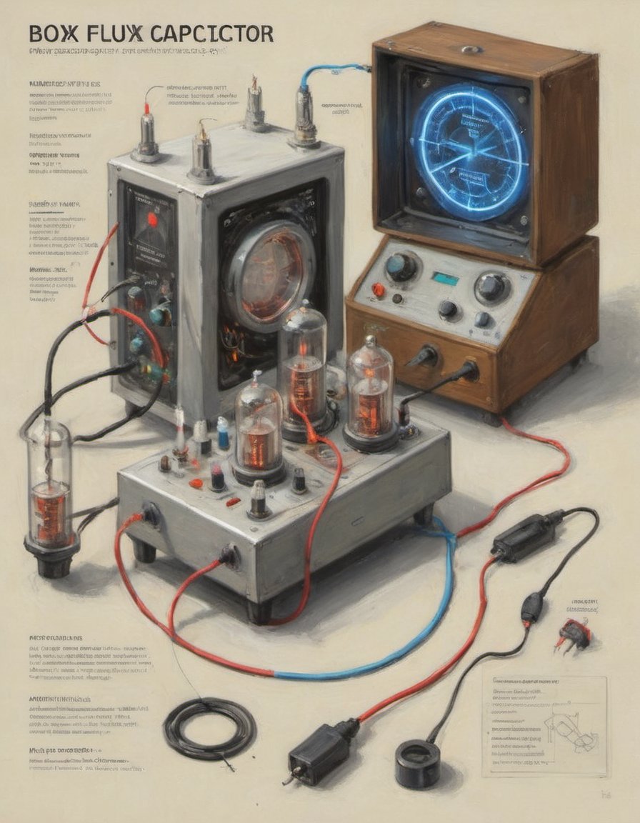 isometric diagram of a boxy flux capacitor with exposed vacuum tubes and an oscilloscope and digital display wiring electric glow