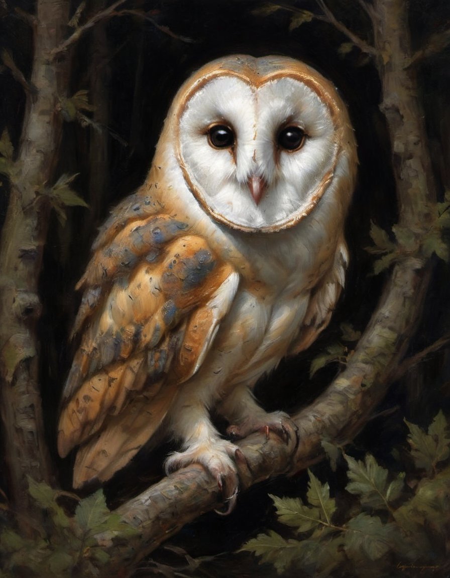 a barn owl emerging from the shadows of a nighttime forest