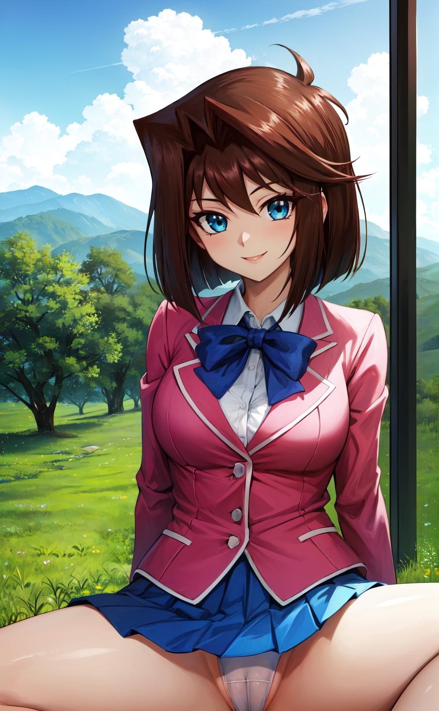 masterpiece, best quality, highres,AnzuDef, 1girl, solo, breasts, smile, short hair, blue eyes, large breasts, brown hair,skirt, shirt, long sleeves, bow, school uniform, jacket, white shirt, pleated skirt, collared shirt, miniskirt, bowtie, blurry, blue skirt, blue bow, blazer, impossible clothes, blue bowtie, pink jacket, mazaki anzu, yu-gi-oh!,<lora:LoRA_Anzu:1>, sitting, hands on own chest, spread legs, pussy peek, cameltoe, skirt lift, looking at viewer, outdoors, grass, field, forest, sunlight, cloudy, laughing, 