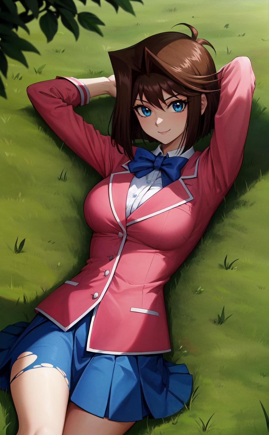 masterpiece, best quality, highres,AnzuDef, > <, 1girl, solo, breasts, smile, short hair, blue eyes, large breasts, brown hair,skirt, shirt, long sleeves, bow, school uniform, jacket, white shirt, pleated skirt, collared shirt, miniskirt, bowtie, blurry, blue skirt, blue bow, blazer, impossible clothes, blue bowtie, pink jacket, yu-gi-oh!,<lora:LoRA_Anzu:1>, lying, on back, looking at viewer, arms behind head, outdoors, grass, field, forest, sunlight, cloudy, laughing, (torn clothes:1.6), 
