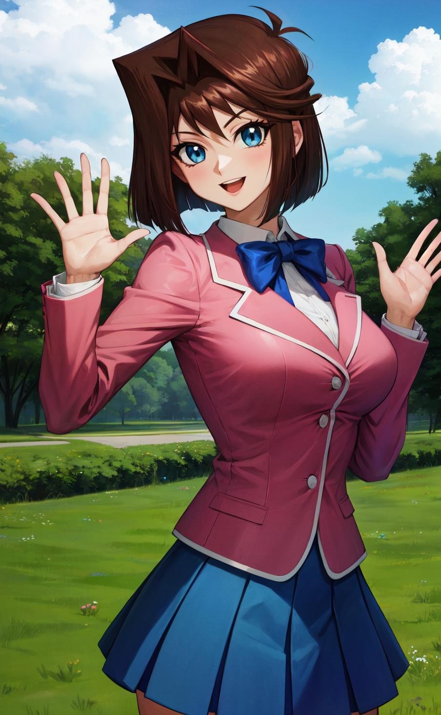 masterpiece, best quality, highres,AnzuDef, 1girl, solo, breasts, smile, short hair, blue eyes, large breasts, brown hair,skirt, shirt, long sleeves, bow, school uniform, jacket, white shirt, pleated skirt, collared shirt, miniskirt, bowtie, blurry, blue skirt, blue bow, blazer, impossible clothes, blue bowtie, pink jacket, yu-gi-oh!,<lora:LoRA_Anzu:1>, cowboy shot, looking at viewer, waving, outdoors, grass, field, forest, sunlight, cloudy, laughing,