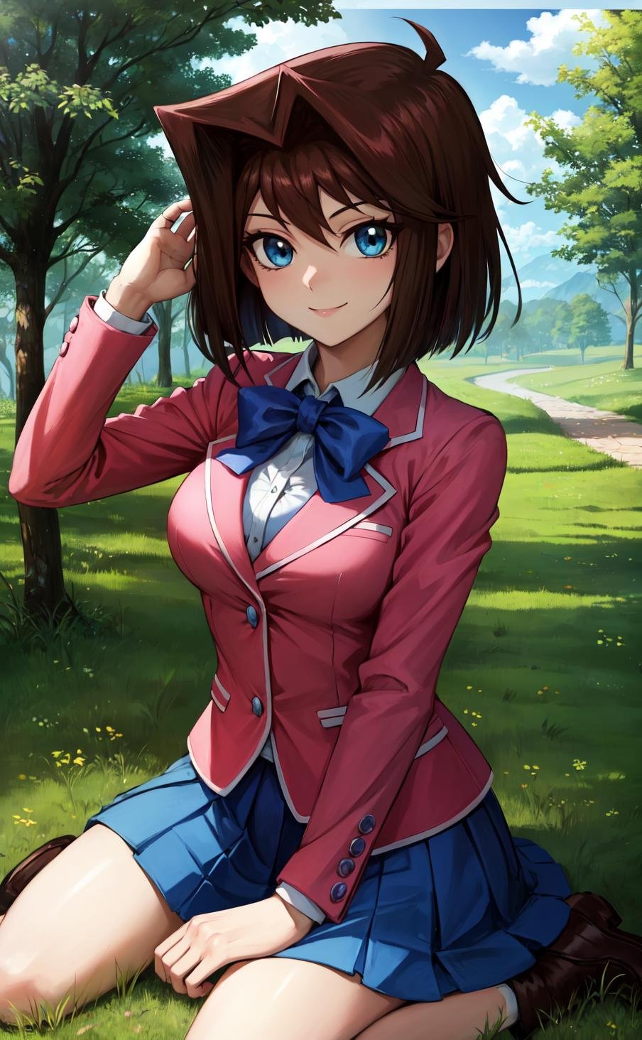 masterpiece, best quality, highres,AnzuDef, 1girl, solo, breasts, smile, short hair, blue eyes, large breasts, brown hair,skirt, shirt, long sleeves, bow, school uniform, jacket, white shirt, pleated skirt, collared shirt, miniskirt, bowtie, blurry, blue skirt, blue bow, blazer, impossible clothes, blue bowtie, pink jacket, yu-gi-oh!,<lora:LoRA_Anzu:1>, wariza, looking at viewer, outdoors, grass, field, forest, sunlight, cloudy, laughing,