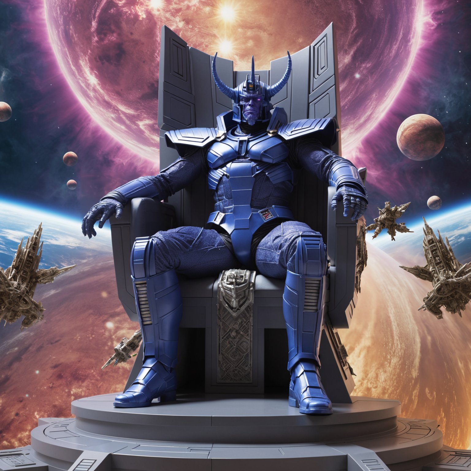 Galactus destroyer of worlds, sat on his throne, space, spaceship, intricate detail