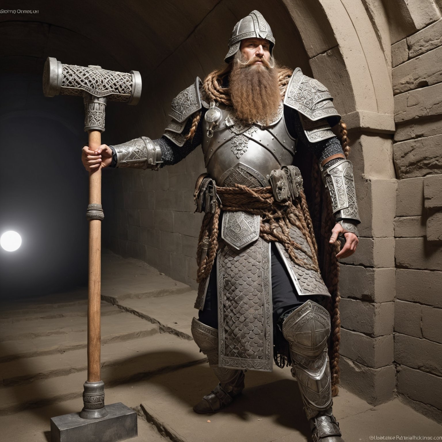 Dwarven crusader, intricately detailed plate armor, ((sledgehammer)), long giant braided beard, underground tunnels, intricate detail