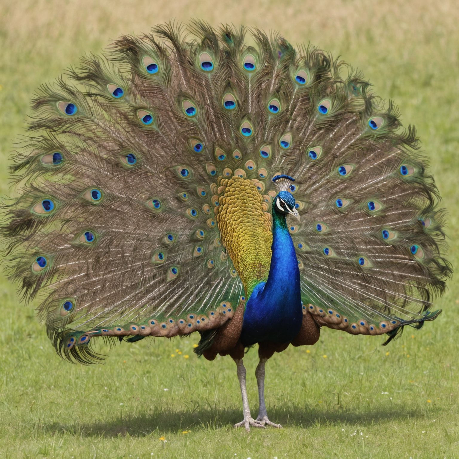 cinematic photo of a vibrant and colorful peacock strutting in the meadow, full fluffy feathers, intricate detail
