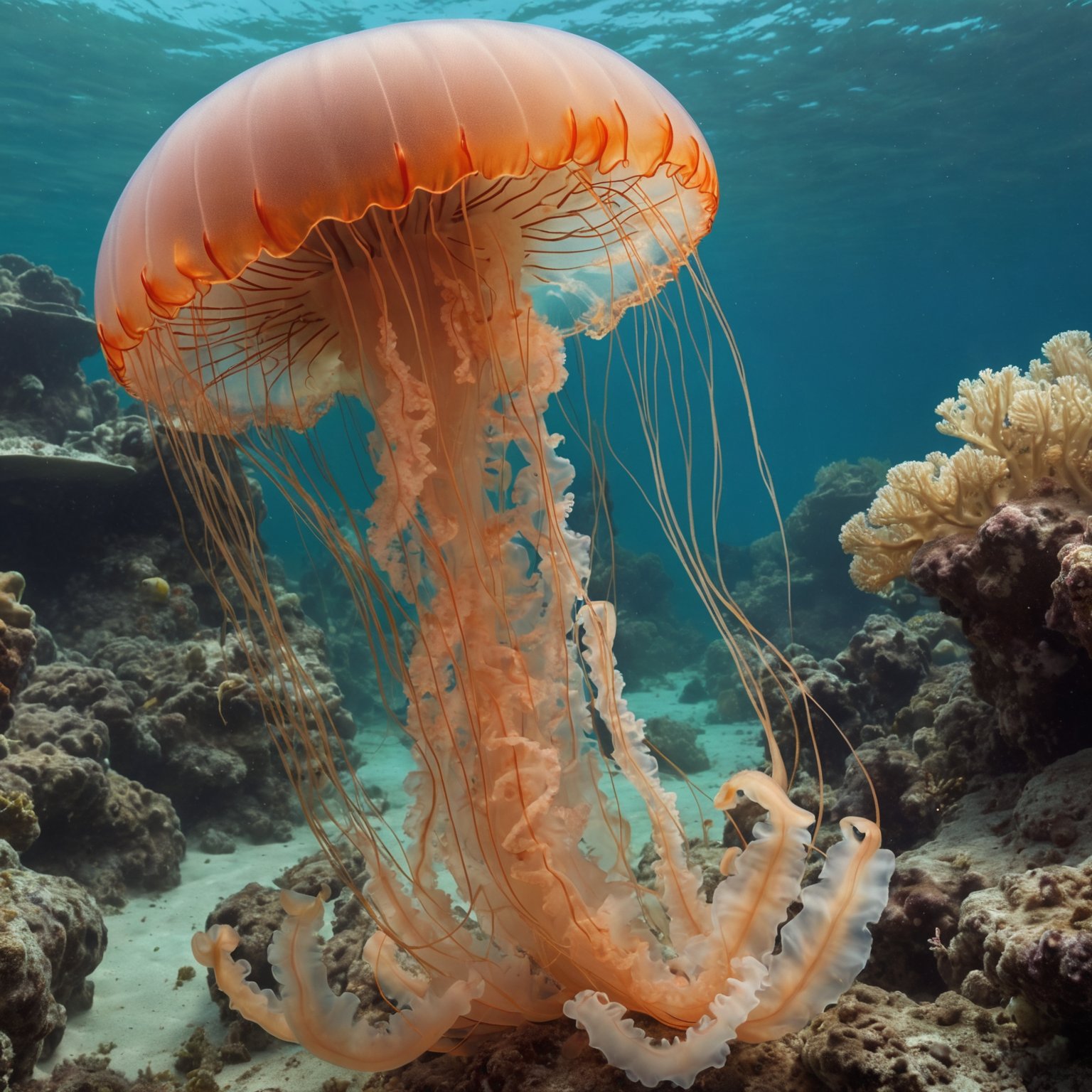 cinematic photo of a Jellyfish underwaters, vibrant coral, sea fauna, intricate detail, long shot