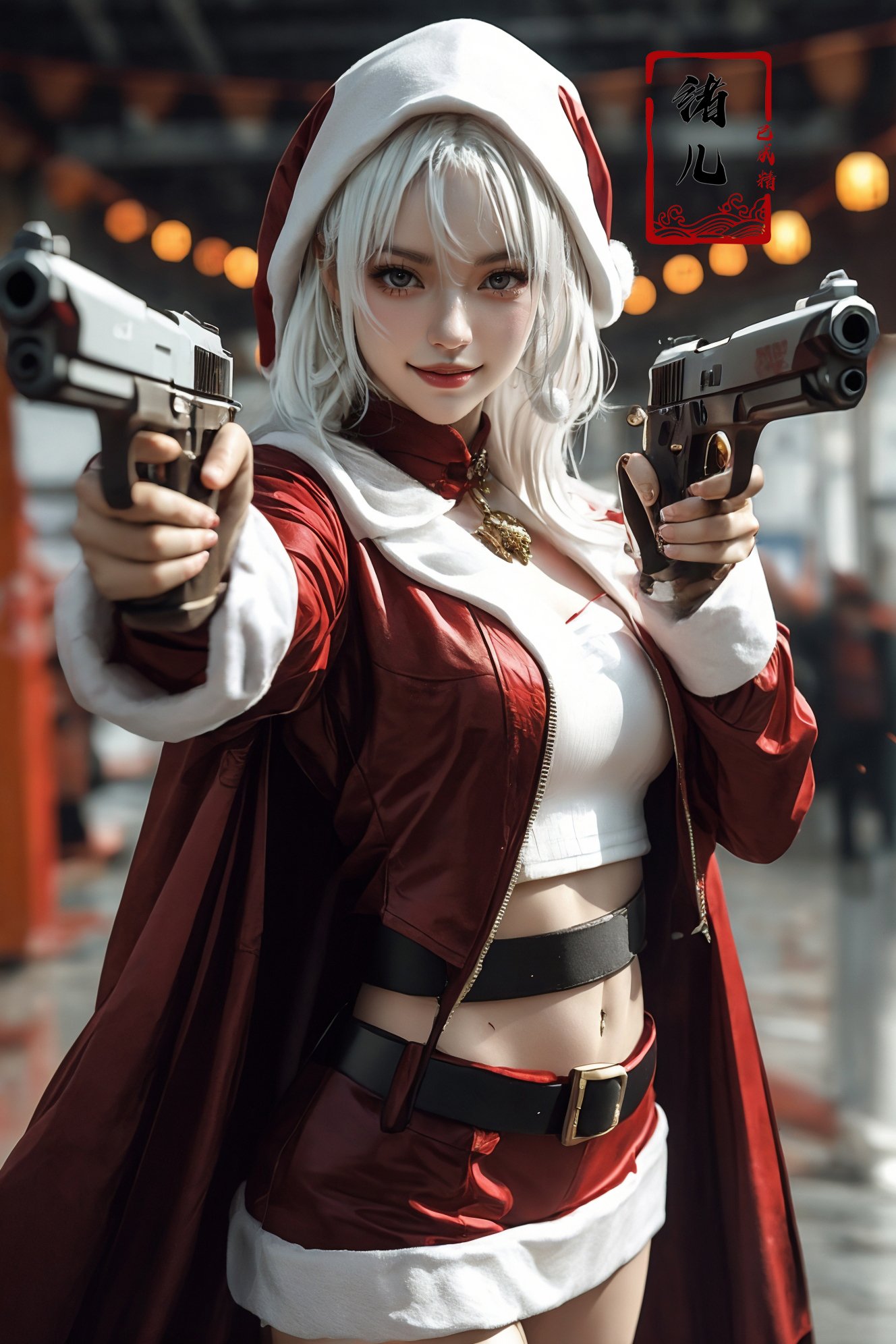 xuer pistol,  white hair,<lora:绪儿-手枪 xuer pistol:0.8>,evil smile,santa_costume,