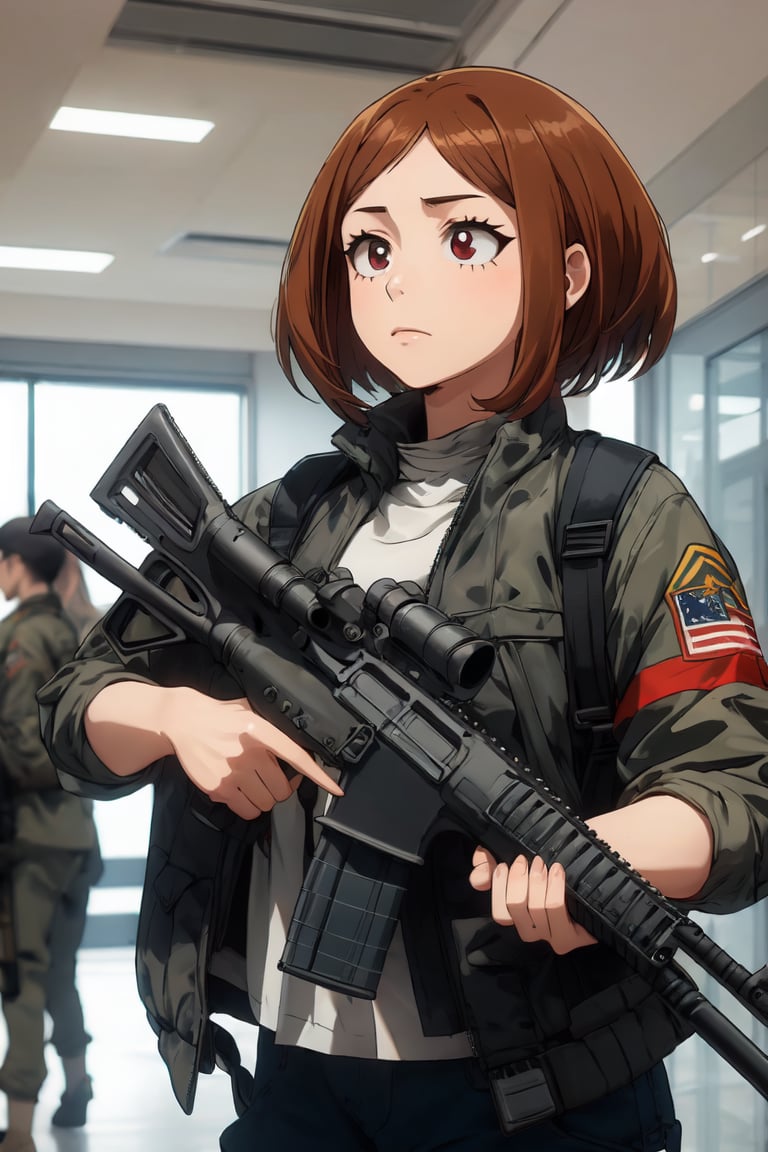 Holding an assault rifle, 1girl, solo_female,Assault rifle, ochaco_uraraka