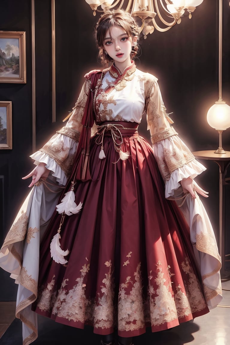 female, ((masterpiece, best quality, ultra detailed, absurdres):1.5), 1girl,solo,skirt,long sleeves,standing,full body,indoors,wide sleeves,sleeves past wrists,red skirt,chinese clothes,floral print,feathers,tassel,hanfu