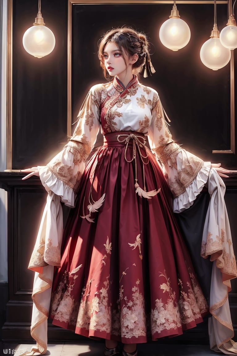 female, ((masterpiece, best quality, ultra detailed, absurdres):1.5), 1girl,solo,skirt,long sleeves,standing,full body,indoors,wide sleeves,sleeves past wrists,red skirt,chinese clothes,floral print,feathers,tassel,hanfu, from_side