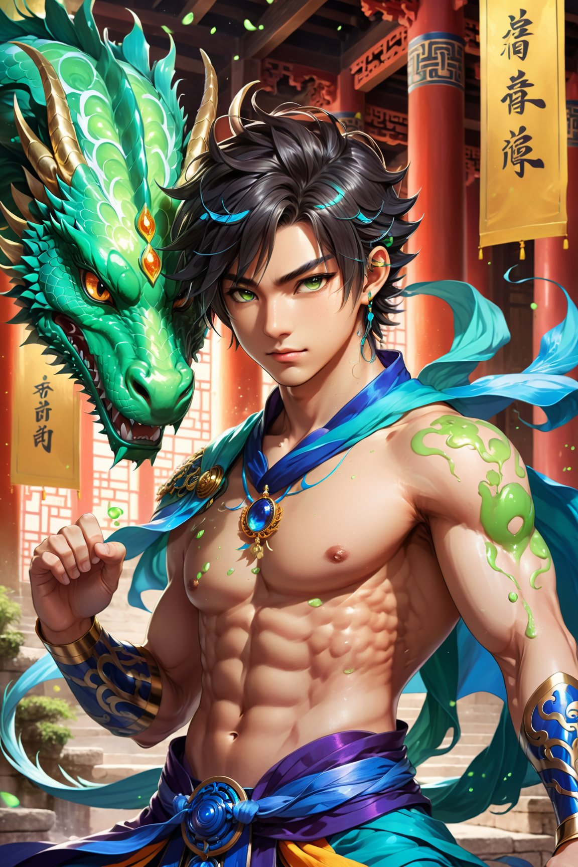 anime style, ultra detailed illustration of a half dragon boy with defined muscles, wearing tang dynasty clothes, he is in an ancient city while summoning some magic with his hands, ((slime datta ken:1.3)) ((fate grand order:1.3)), magic glow, holographic glow, ultra detailed face, cel shaded, art by instagram.com/canvas_art_a.i/, colors, contrasting colors



