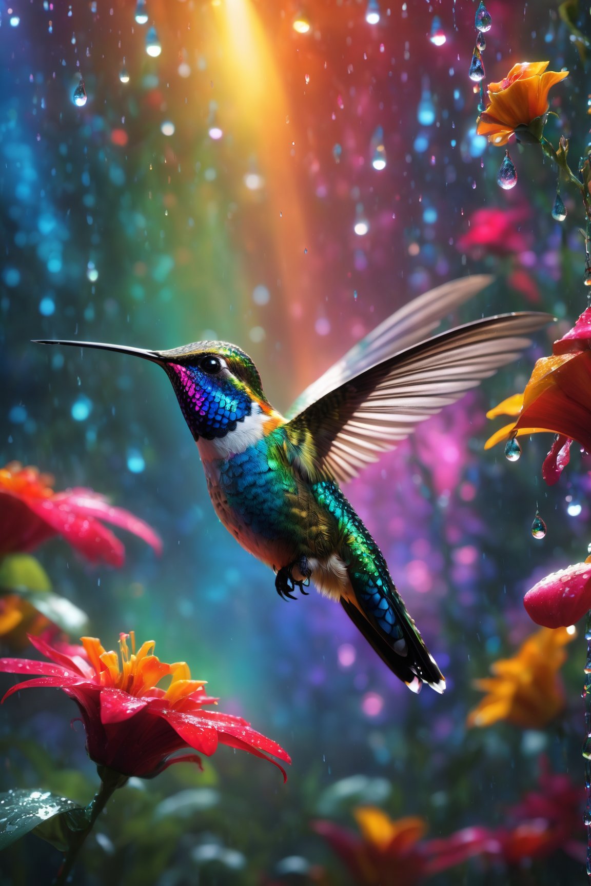 (best quality, 8K, UHD, highres, masterpiece),  ultra-detailed,  (photorealistic,  hyperrealist life,  realistic),  cosmic canvas with a breathtaking cosmic garden background. Picture a vibrant and wet scene with raindrops and water droplets creating a magical atmosphere. The artwork features a colorful,  glowing,  and glittering shiny hummingbird,  illuminated by cinematic lighting and enhanced by dramatic lighting effects. The rainbow colors add richness,  while selective focus ensures extremely intricate details are highlighted. This RAW photo,  trending on ArtStation,  showcases a hyper-realistic masterpiece with amazing fine detail,  making it a standout in the art community. The use of Unreal Engine ensures a top-tier quality and realism that is sure to captivate viewers.,<lora:EMS-262287-EMS:0.800000>