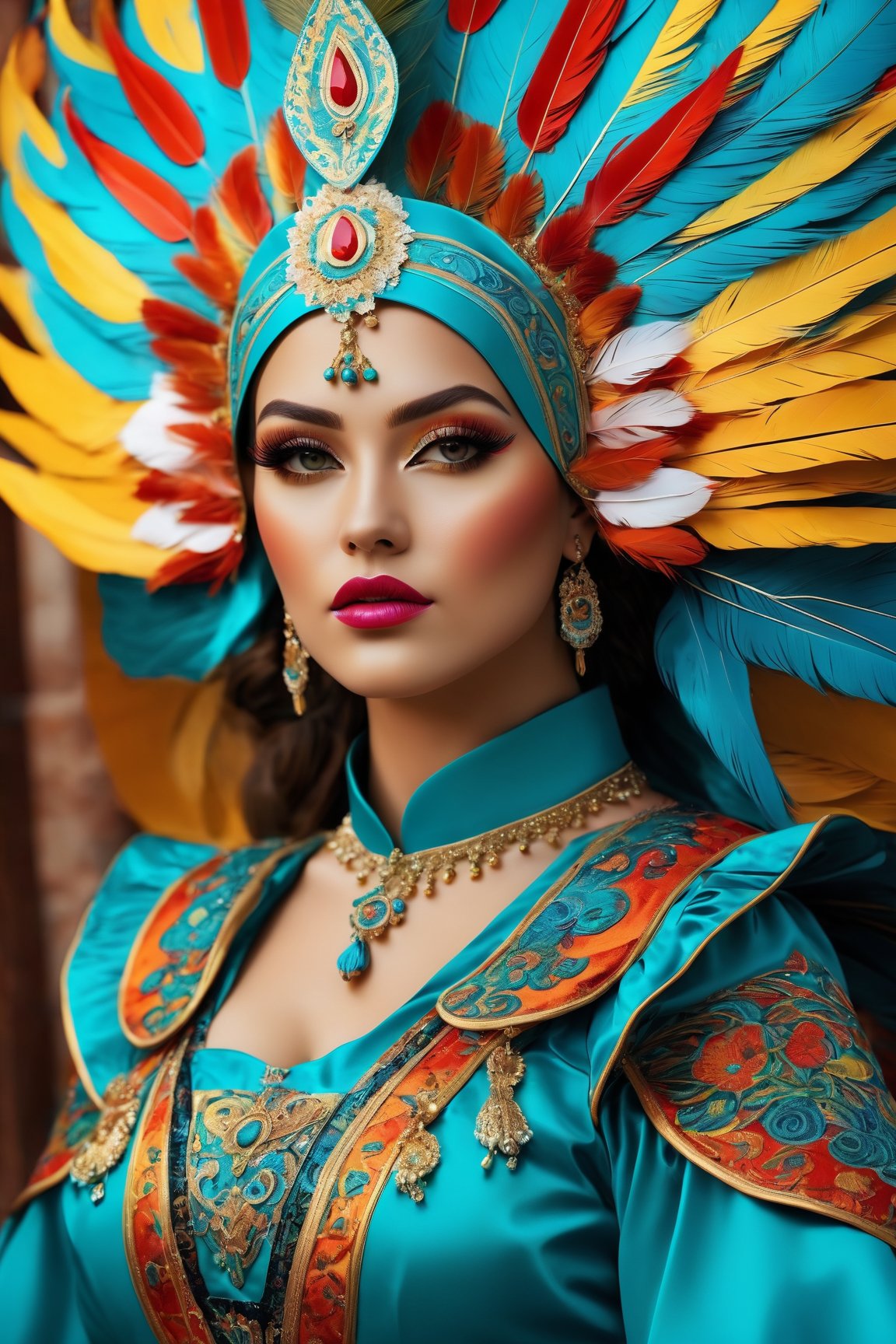 A woman wearing a costume for carnival, with religious images, avoiding the use of feathers. Illustration as the medium, with best quality, 4k resolution, and ultra-detailed. The girl has beautiful detailed eyes and lips, and her face and eyelashes are extremely detailed. She is wearing a vibrant and elaborate costume, adorned with religious symbols and motifs. The costume is made of high-quality materials, resembling a combination of traditional garments and modern designs. It is a masterpiece of craftsmanship, with sharp focus and vivid colors. The overall style is a mix of cultural heritage and contemporary aesthetics. The color palette consists of bright and contrasting hues, emphasizing the festive atmosphere. The lighting captures the richness of the colors and highlights the intricate details of the costume.