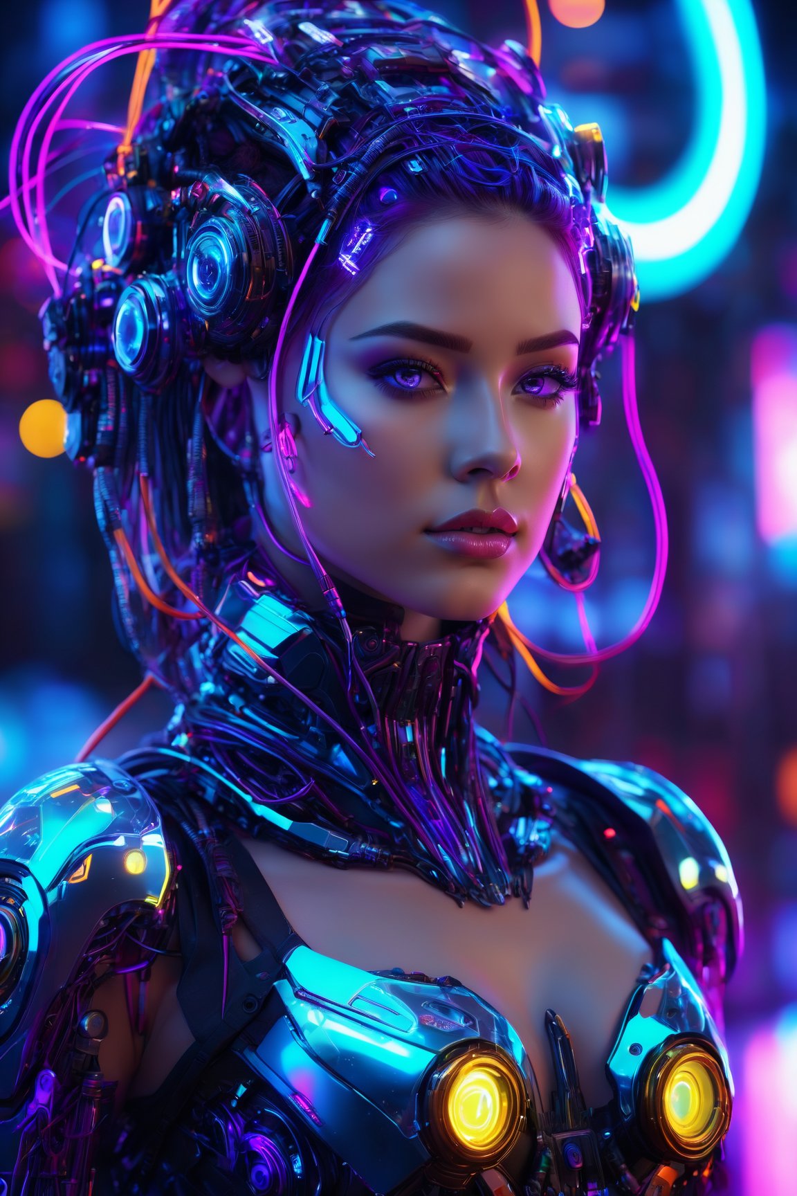 (best quality, 4k, 8k, highres, masterpiece:1.2), ultra-detailed, physically-based rendering, professional, vivid colors, bokeh, cyborg girl, made only glass, neon cables, gears, transparent body, mechanical details, glowing eyes, reflective surface, subtle reflections, ethereal, luminous, metallic highlights, sci-fi, futuristic, neon lights, blue and purple color palette, dynamic lighting,<lora:EMS-262287-EMS:0.800000>