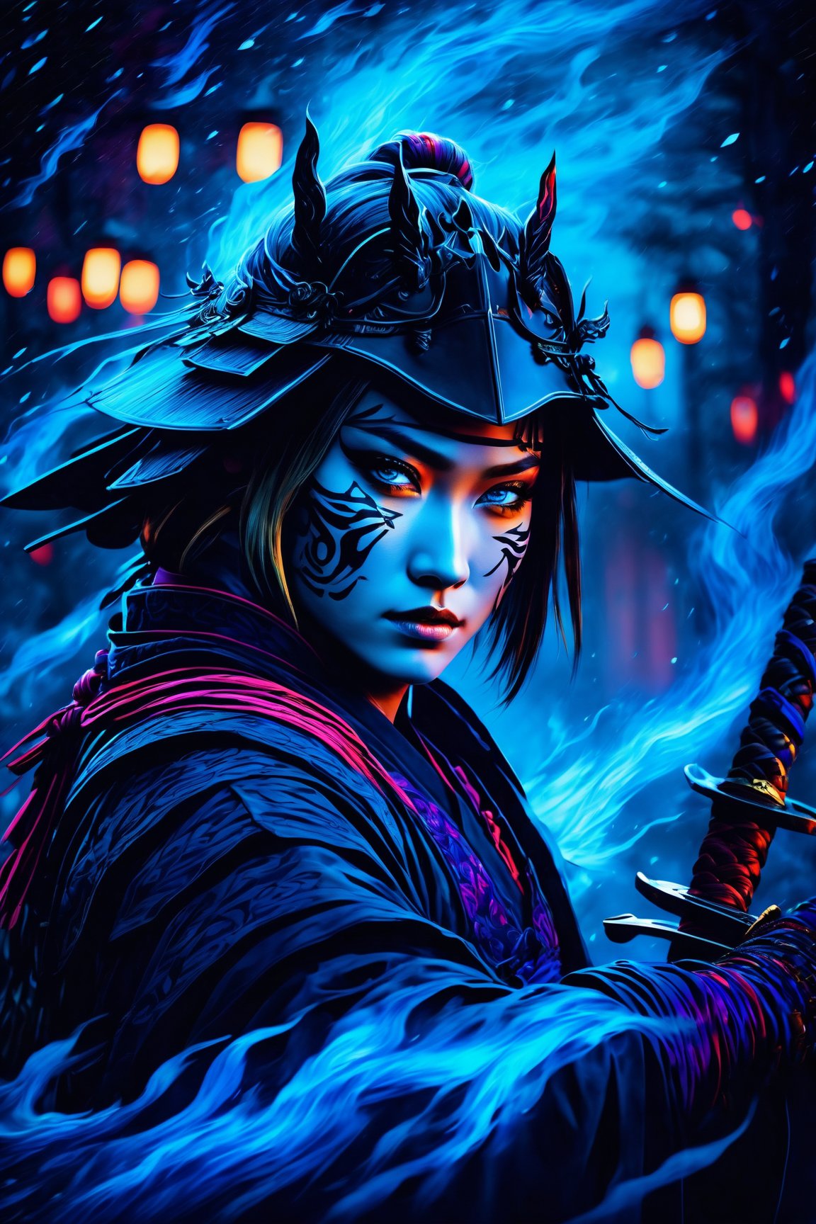 (best quality, 8K, highres, masterpiece), ultra-detailed, watercolor-style fantasy art with vibrant and colorful tones. Use tetradic dark colors to depict a samurai in a (dark souls environment), with a focus on the face illuminated by a dark holographic glow in dim light. The samurai, a female with blonde bob hair, is wearing a white cloak with a hood, covering the face. The artwork should feature sharp focus, with magical ((glowy blue burning eyes)) creating a visually striking and colorful concept art. Infuse the scene with lots of thunder, enhancing the overall dynamic and fantastical atmosphere.