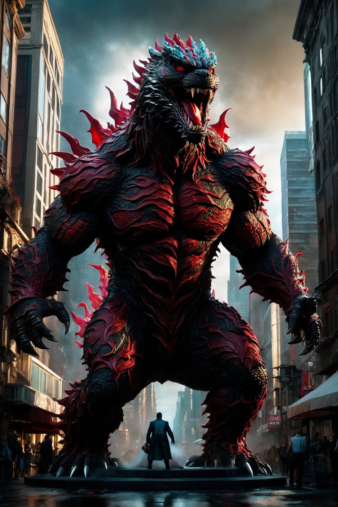 (best quality, 8K, hdr, absurdres),  ultra-detailed,  (fantasy style,  hyperdetailed) creation depicting the perfect mix between Carnage from Marvel and Godzilla. Imagine vibrant and super colorful scenes with Carnage's red tentacles protruding from his entire body,  wreaking havoc in a city filled with a kaleidoscope of colors. The character,  featuring white eyes like Venom,  stands taller than buildings,  oversized,  and gigantic (1.9 times the normal scale),  creating an epic and blood-soaked spectacle. The image is bathed in soft cinematic light,  offering a dramatic atmosphere with atmospheric perspective,  showcasing intricate details and a high level of quality. The result is a cataclysmic and visually stunning masterpiece, Leonardo, Leonardo Style,<lora:EMS-256111-EMS:0.800000>,<lora:EMS-262287-EMS:0.600000>
