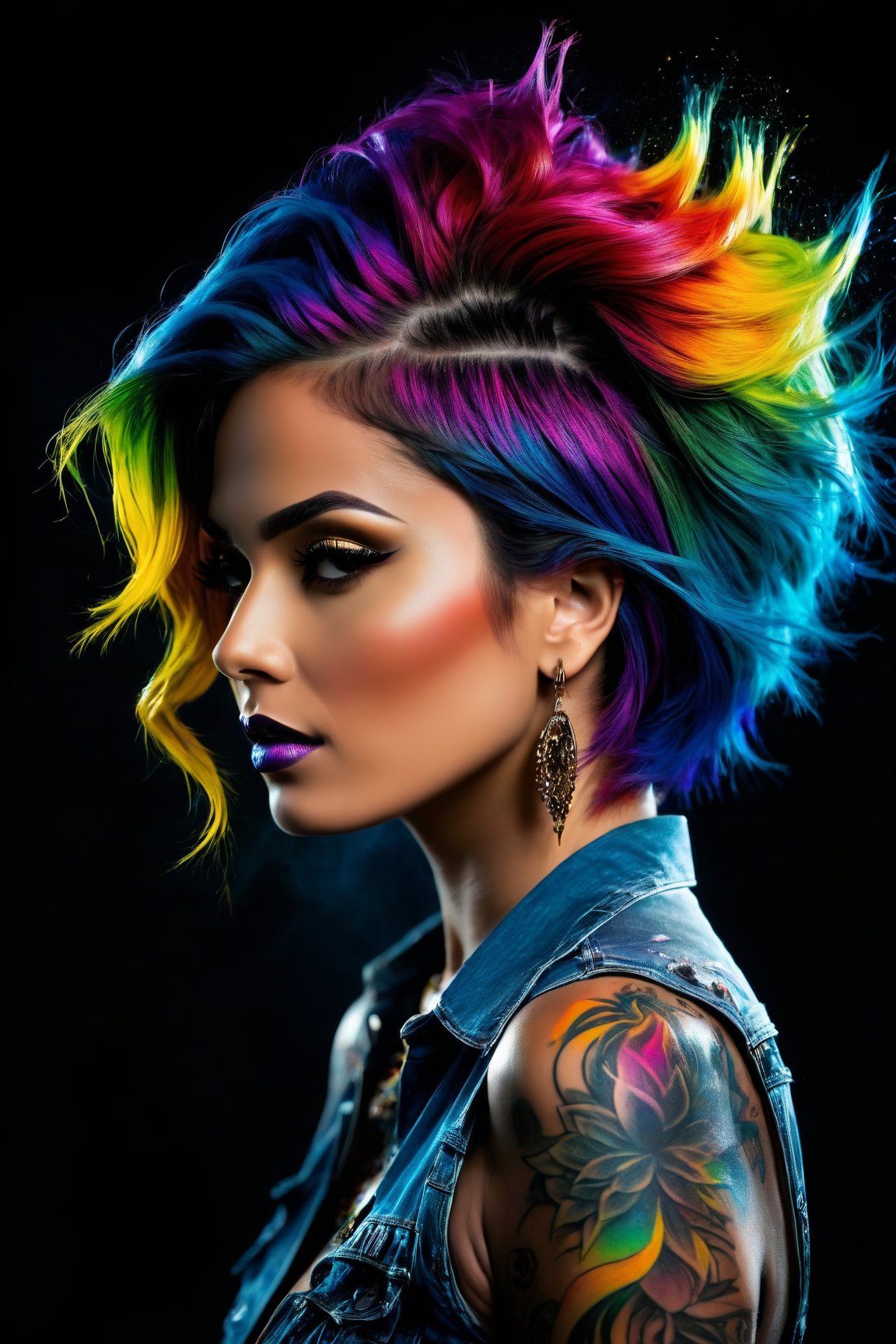 (best quality, 32K, highres, masterpiece),  ultra-detailed photography capturing a woman with vibrant ombre hair in a side view. The scene is set in a (dark room photography) illuminated by a burst of (super colorful dust splash) in the background. A tattooed man complements the composition,  adding an edgy and dynamic element to the visually stunning and holi colors-inspired imagery, Leonardo, Leonardo Style,<lora:EMS-256111-EMS:0.800000>,<lora:EMS-262287-EMS:0.600000>