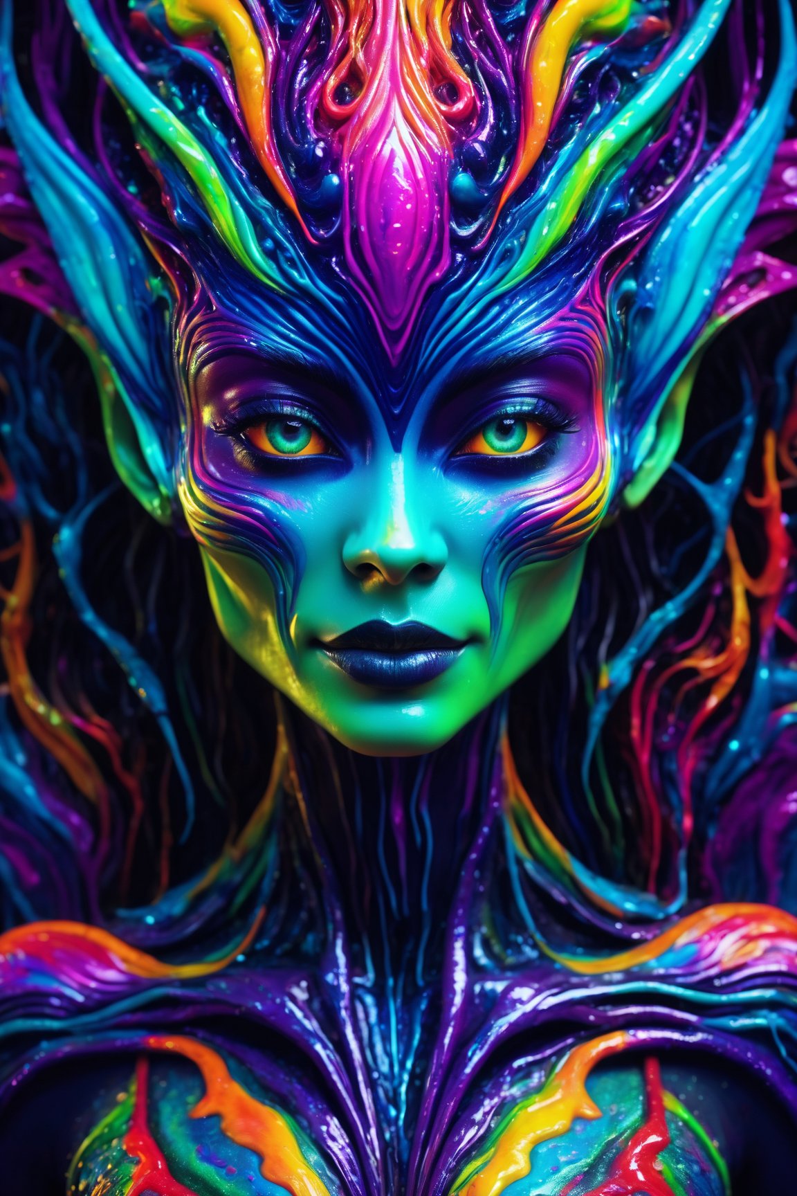 best quality, 8k, ultra-detailed, realistic:1.37, vibrant colors, vivid shading, breathtaking portrait of an alien shapeshifter entity, mesmerizing eyes, intricate facial details, otherworldly skin texture, insane smile, unnerving and intricate complexity, surreal horror atmosphere, dark shadows, inverted neon rainbow drip paint, ethereal glow, hypnotic energy, transcendent beauty, mystical aura, octane render,