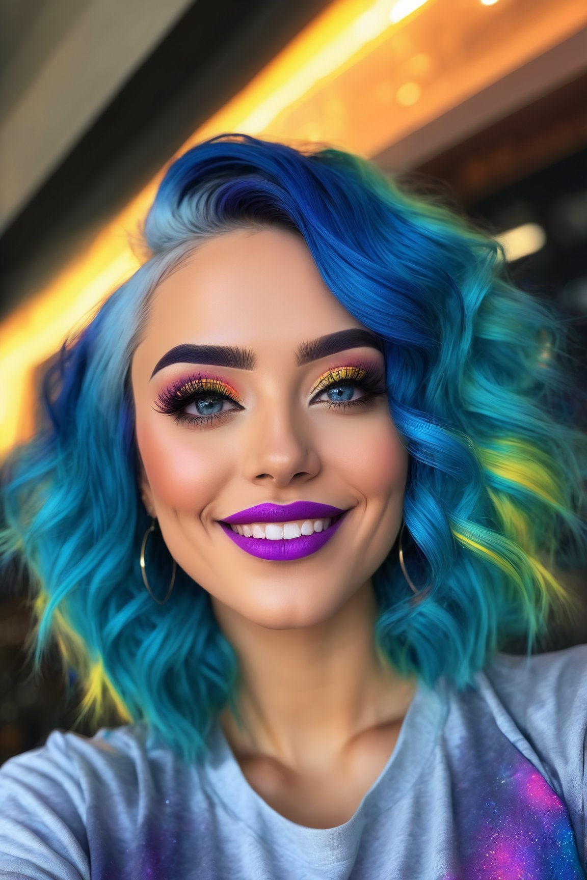 woman,smiling,blue hair,gym clothes,(best quality,highres:1.2),(vivid colors,colorful:1.1),(bokeh), (portraits),(studio lighting),(ultra-fine painting),(sharp focus),(extremely detailed eyes and face), (detailed lips),(beautiful detailed eyes),(long eyelashes)