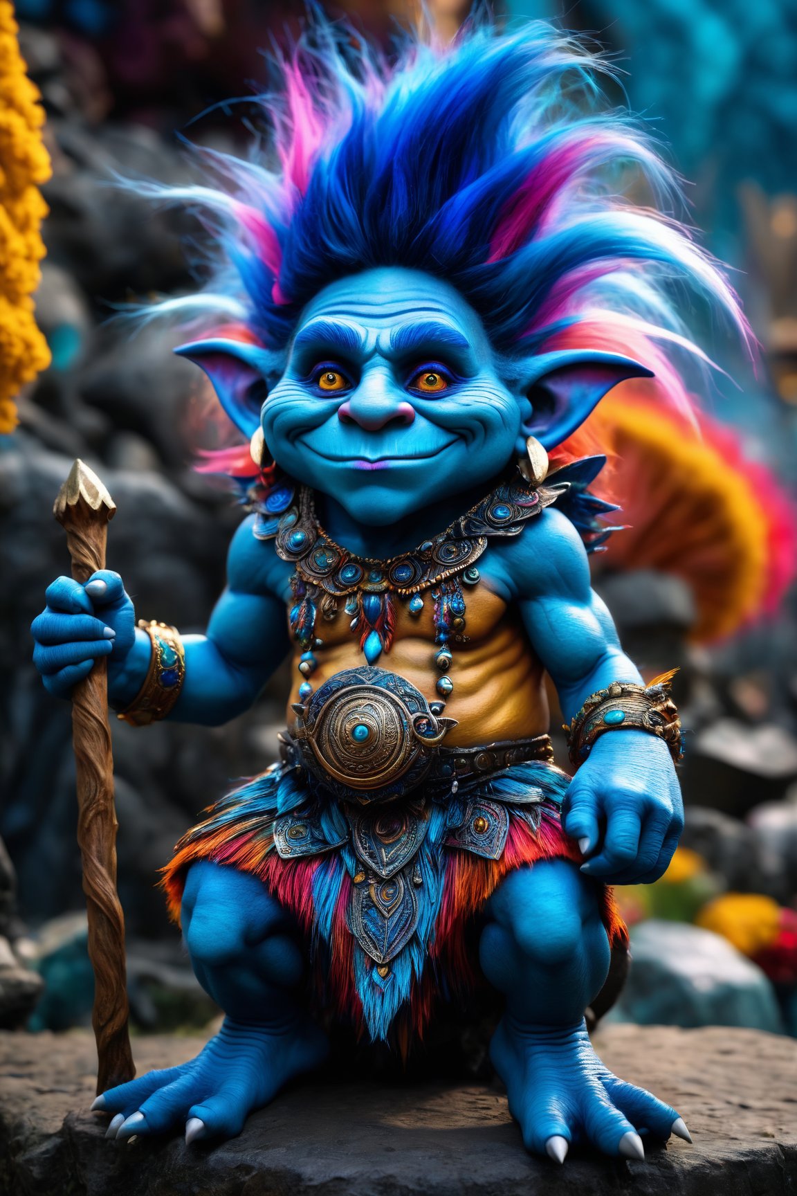 (best quality,  8K,  highres,  masterpiece),  ultra-detailed,  (vibrant,  colorful) troll sitting with very detailed face,  featuring blue skin and striking white eyes. The mood is transformed into an epic and lively atmosphere,  shot on Kodak Vision3 for maximum color richness. The scene is filled with intricate and hyperdetailed details,  showcasing the troll's vibrant presence. In 8K HDR,  the high detailed image is bathed in soft cinematic light,  creating a dramatic atmosphere with an explosion of colors and atmospheric perspective, Leonardo,<lora:EMS-256111-EMS:0.800000>,<lora:EMS-262287-EMS:0.600000>