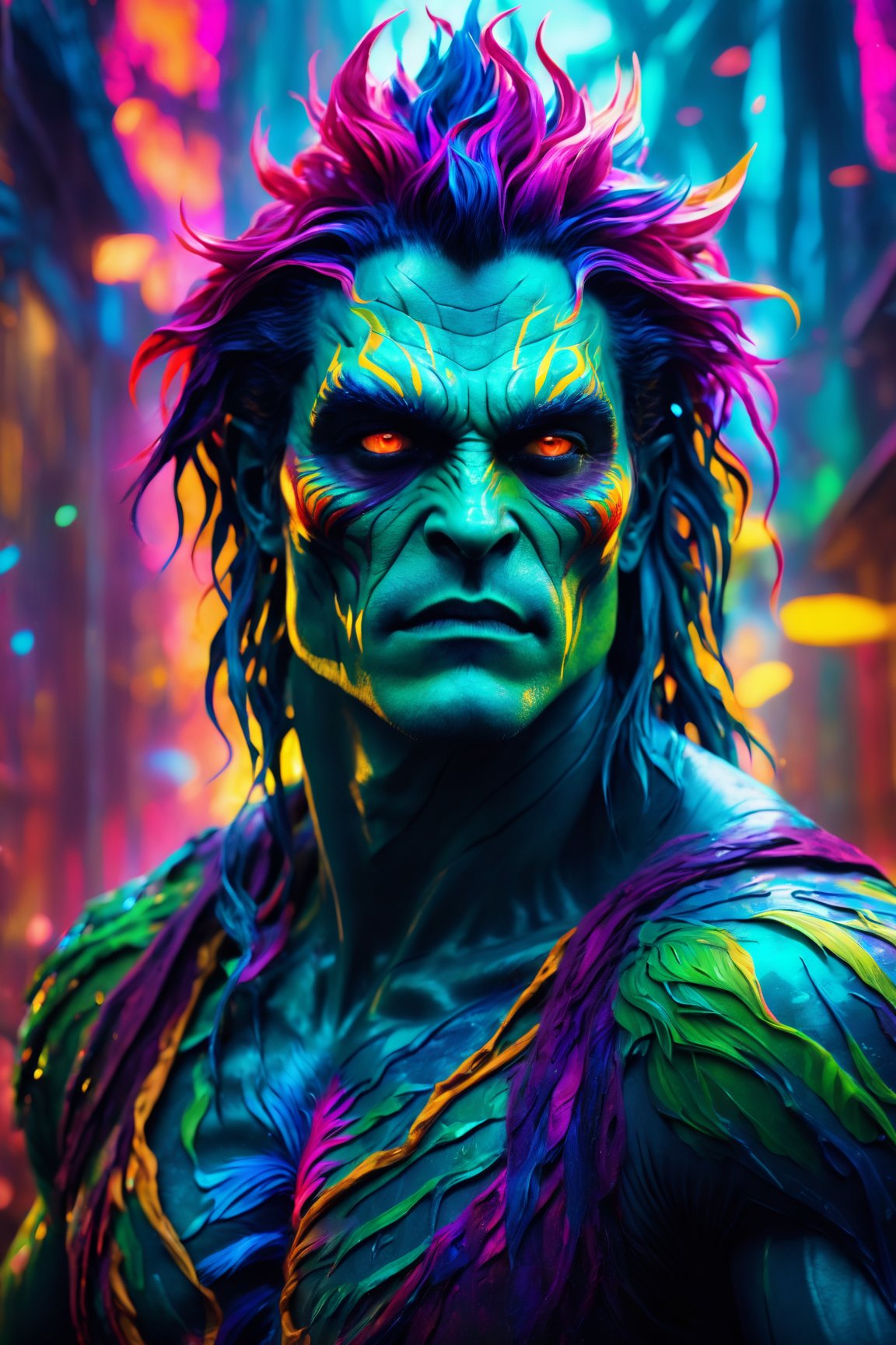 (best quality, 8K, highres, masterpiece),  ultra-detailed,  (photorealistic,  cinematic),  illustration painting of a luminous and enchanting bad guy undead/human-like creature with vibrant and dynamic anime-style colors. The creature,  with dark,  colorful hair,  strikes a dynamic pose in a brilliantly lit fantasy realm environment filled with a kaleidoscope of colors. The mid-shot composition and rule of thirds depth of field emphasize intricate details,  creating a fantastical realm that bursts with subtle and vibrant colors. The use of light particles enhances the scene's grandeur and awe,  making it a stunning visual masterpiece in a double-exposure style. The strong outlines contribute to the scene's cinematic feel,  creating a super colorful and visually captivating narrative, Leonardo, Leonardo Style,<lora:EMS-256111-EMS:0.800000>,<lora:EMS-262287-EMS:0.600000>