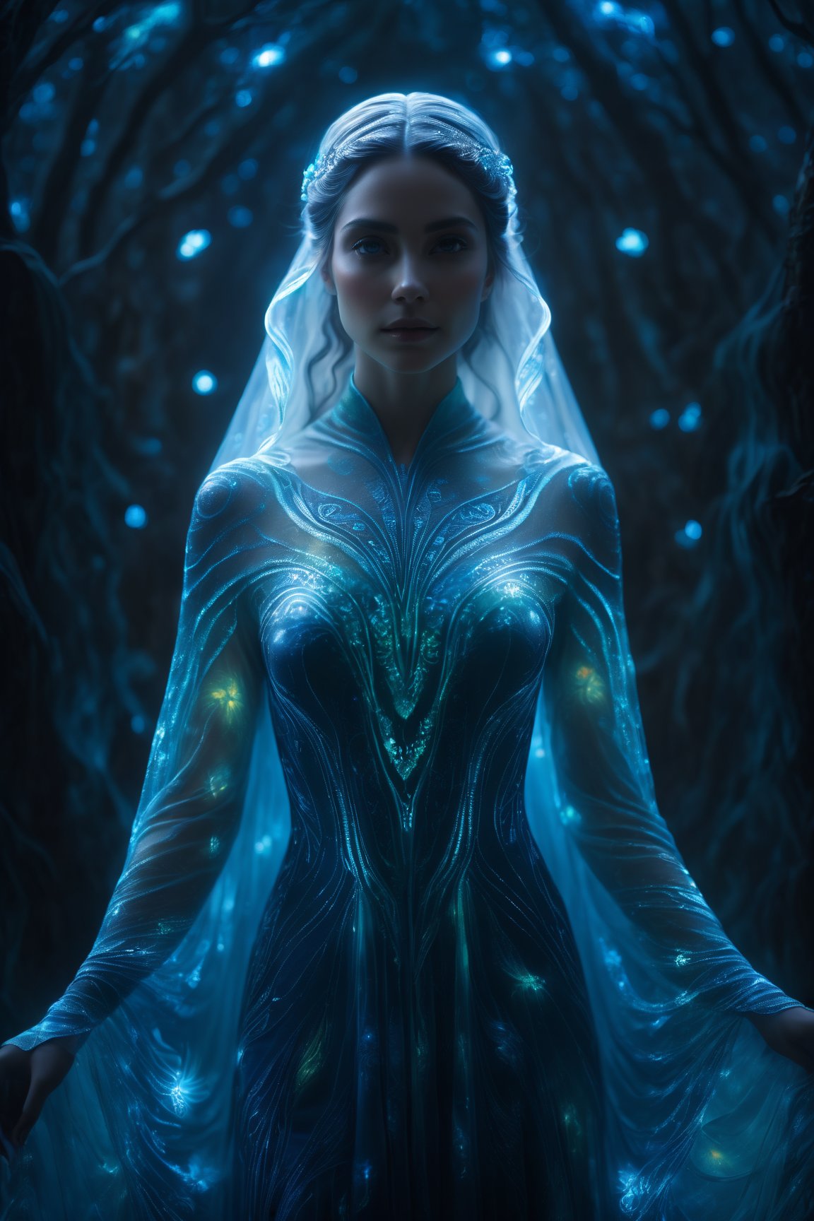 (best quality,  8K,  highres,  masterpiece),  ultra-detailed,  (photo-realistic,  lifelike) portrayal of a semi-ghost female with ethereal beauty. Her arms are a mesmerizing spectacle,  composed of intricate bioluminescent patterns that radiate a soft,  (otherworldly,  celestial) glow. The cinematic rendering captures every nuance of her spectral presence,  making this image a true high-resolution masterpiece that blends the lines between the living and the supernatural.,<lora:EMS-262287-EMS:0.800000>