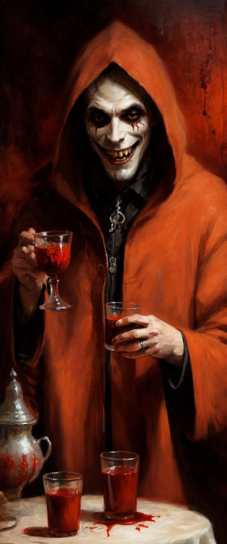 solo, 1boy, holding, male focus, teeth, indoors,  glass cup, blood, table, furry, monster, robe, furry male, gothic dungeon, ,painting,oil paint