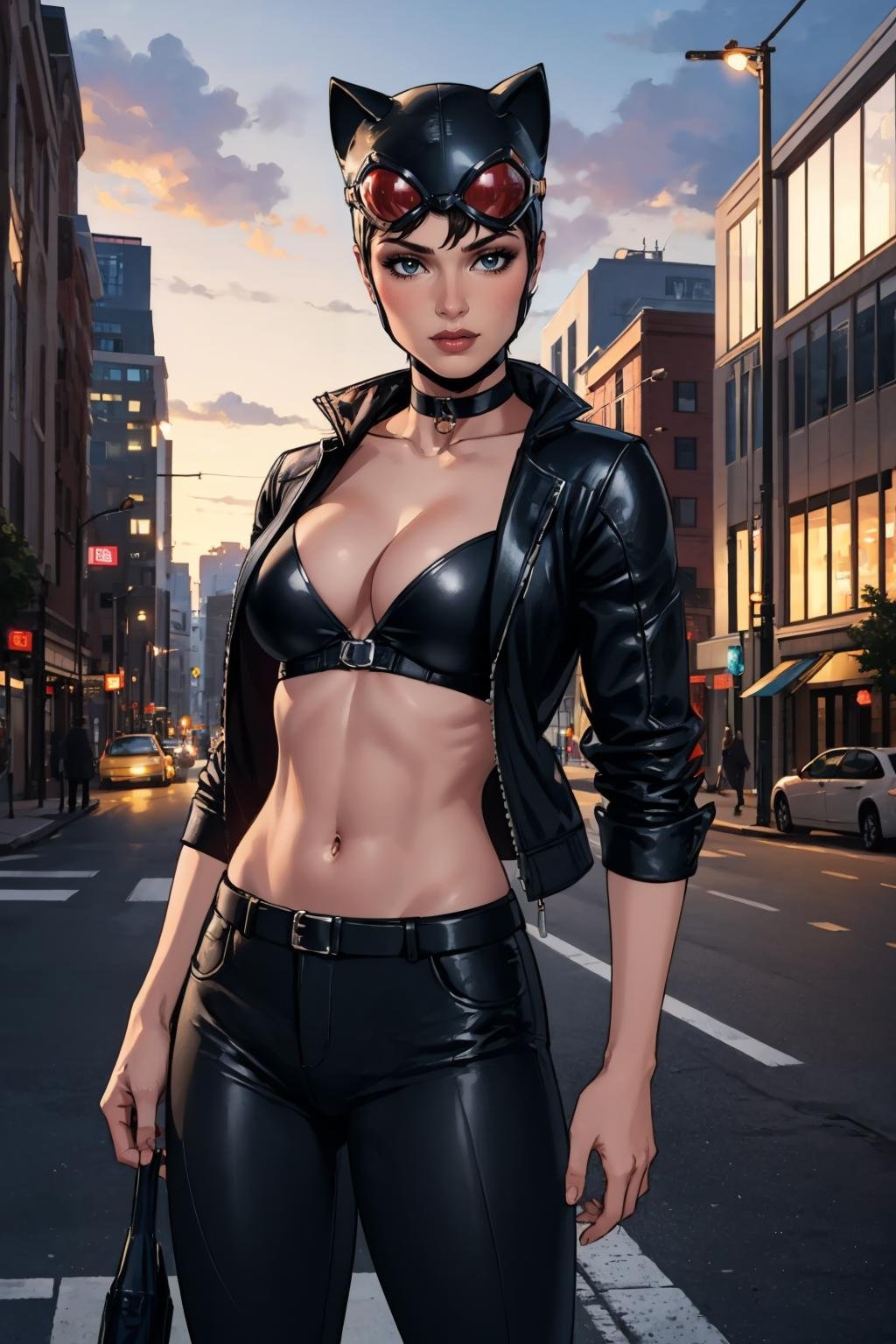 (masterpiece, best quality:1.2),  <lora:catwoman:.98>, catwoman, 1girl, solo, helmet, cat ears, goggles, choker, jacket, open jacket, pants, midriff, cleavage, outdoors, city, 