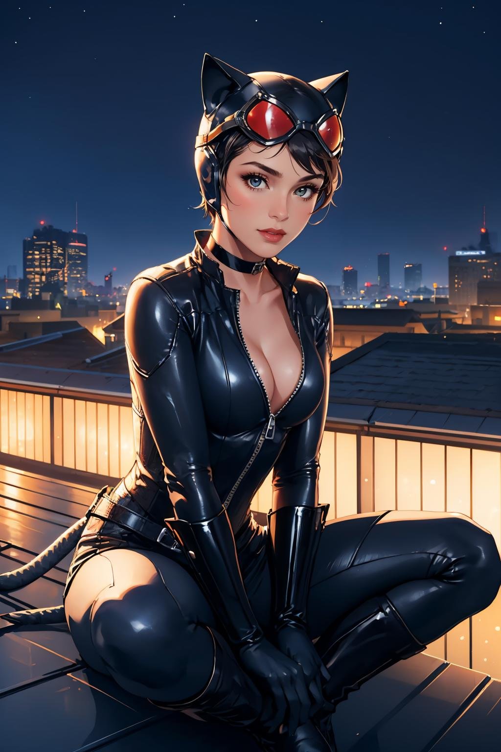 (masterpiece, best quality:1.2),  <lora:catwoman:1>, catwoman, 1girl, solo, bodysuit, goggles on headwear, helmet, cat ears, choker, cleavage, tight, night, night sky, outdoors, rooftop, sitting, boots, indian style, light particles, 