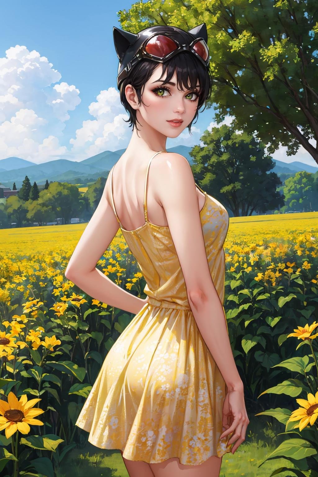 (masterpiece, best quality:1.2),  <lora:catwoman:1>, catwoman, 1girl, solo, outdoors, from behind, (yellow sundress:1.2), flower, flower field, looking at viewer, looking back, goggles on headwear, helmet, cat ears,