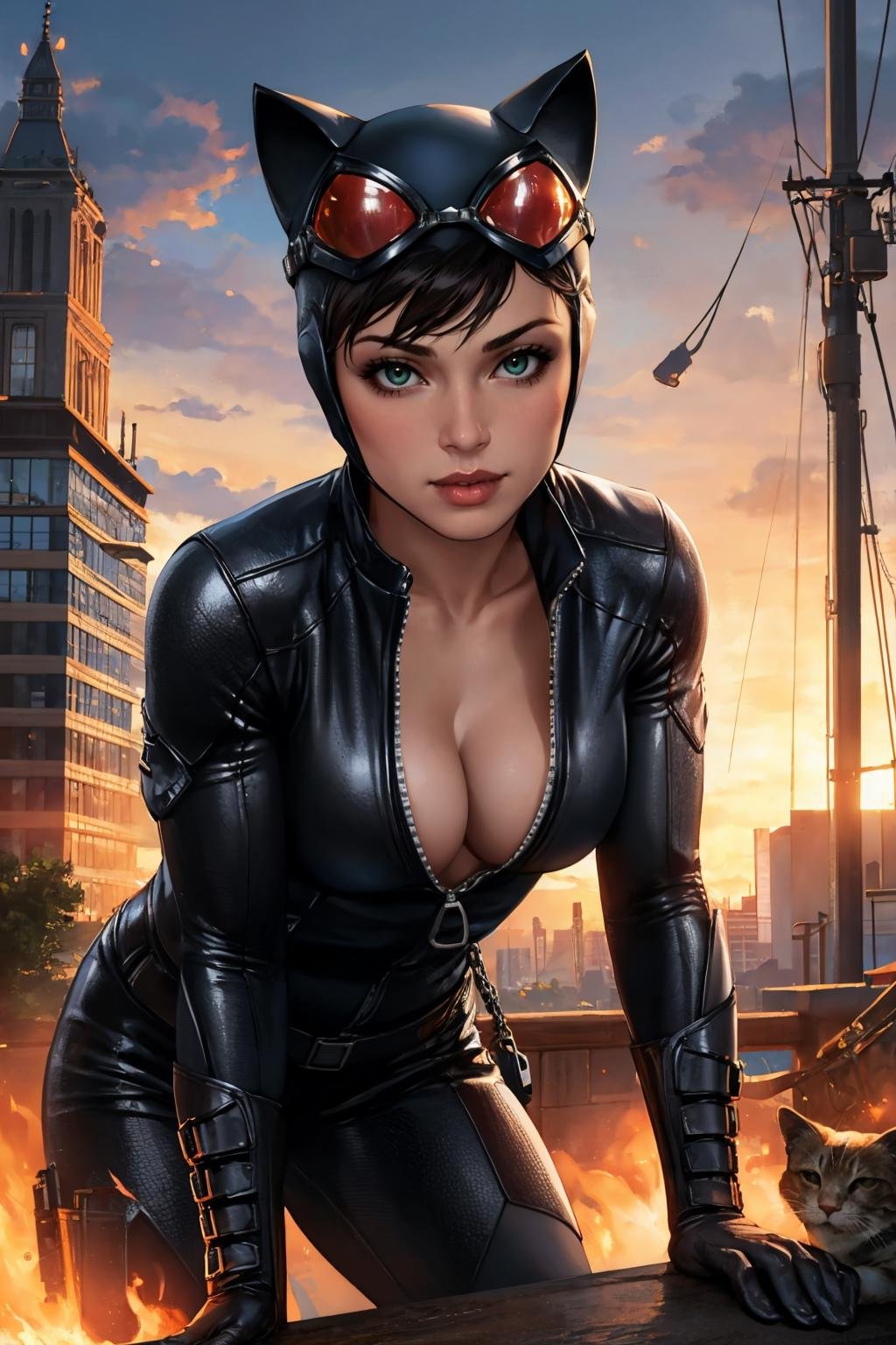 (masterpiece, best quality:1.2),  <lora:catwoman:1>, catwoman, 1girl, solo, looking at viewer, bodysuit, goggles on headwear, helmet, cat ears, cleavage, tight, 