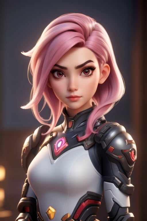 Best quality, Masterpiece, Ultra High Resolution, (photorealistic:1.4), RAW photo, Nintendo and Ps5 fusion, 1girl, pink hair, red eyes, Detailed eyes and face, black suit, Dynamic lighting, In the dark, Deep shadow, discreet, Cowboy shot whole body,Extremely ,Nintendo overwatch
