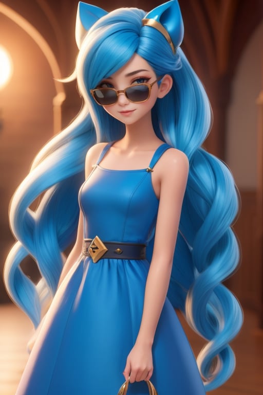 Ps5 and overwarch mix, 1girl, happiness!, very_long_hair cyan, casual dress, sun glasses