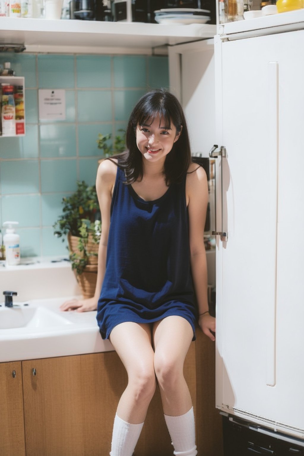 1girl, solo, long hair, black hair, sitting, food, socks, indoors, fruit, tank top, plate, realistic, kitchen, sink, refrigerator, looking at viewer,