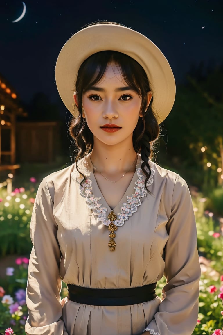 best quality,4k,highres,masterpiece:1.2,ultra-detailed,realistic:1.37,wandering girl portrait,determined face,red lips,beautiful detailed eyes,black hair braided to the side,period clothes,cowboy hat,blood moon in the background,portrait,emerging from darkness,vibrant colors,lush garden,soft sunlight,whimsical atmosphere,wildflowers in bloom,delicate lace details,flowing dress,gentle breeze,mystical aura,ethereal beauty,focused expression,confident stance,starlit night sky,moonlight illuminating the scene,enchanted landscape,peaceful tranquility,majestic and awe-inspiring,serene and mysterious,magic and fantasy,alluring and captivating,unforgettable charm,noteworthy and exceptional,thought-provoking and evocative,one of a kind masterpiece,dynamic and lifelike,subtle and nuanced,immaculate attention to detail,unparalleled craftsmanship,seamless blending of elements,impressive skill and technique、meticulous and precise,storytelling through art,visual poetry that sparks imagination,dilraba,frey4,Masterpiece