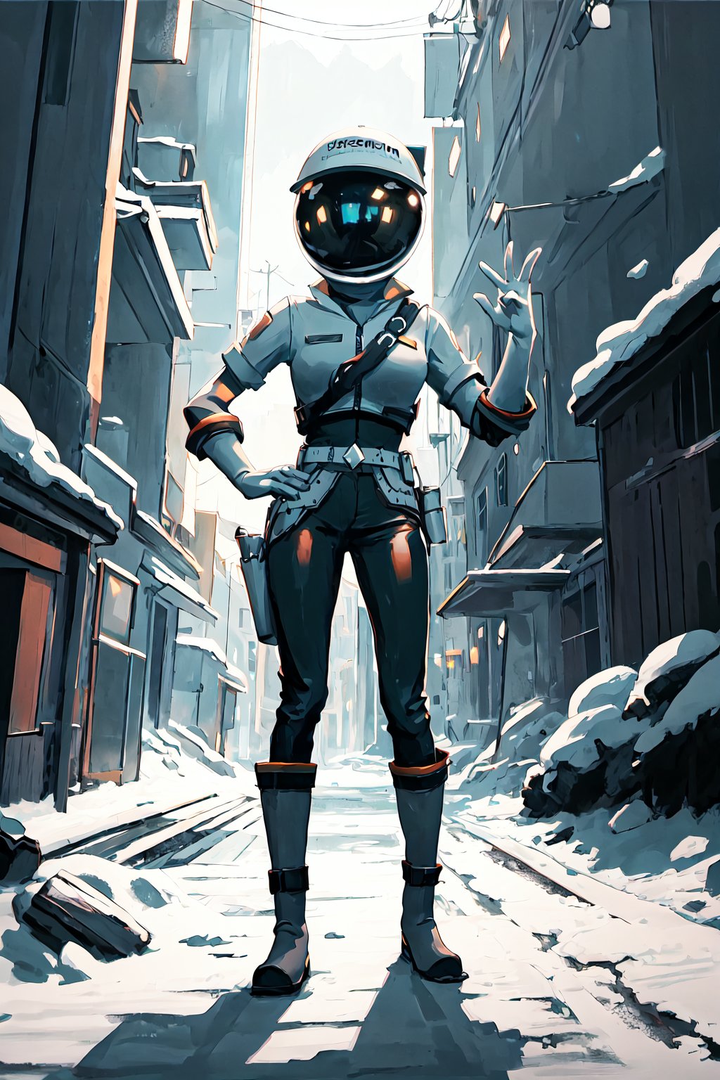 TessaMD, 1girl, solo, bow on head, black bow, bow tie, white cap, space helmet, white jacket, white gloves, v_gesture, v_sign, left hand on hips, black bodysuit, black pants, white belt, white boots, standing, hand on hips, walking, full body, dramatic angle, centered, 
BREAk, 
(extremely detailed fine touch:1.2) , masterpiece, best quality, highly quality, (cinematic lighting, dramatic lighting, epic lighting, light rays, ray tracing:1.2),
BREAK, 
(outdoors), dark place, night, midnight, starry_sky, falling_snow, snow, abandoned buildings (in the distance),
BREAK, 
outer_space, space, stars, 