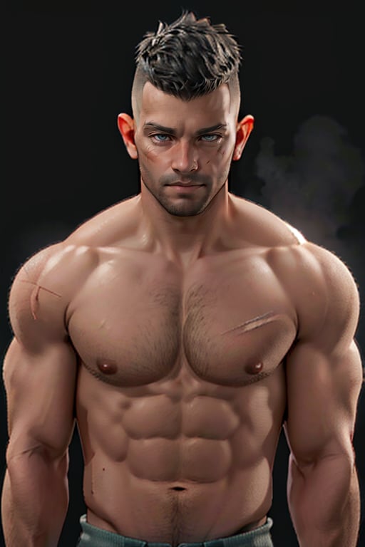 David King, black hair, stubble, handsome, charming, alluring, rugged, topless, shirtless, red wool trousers, white hand wraps, (short hair, crewcut, flattop:1.2), scars on face, weathered, wounds, blood, (standing), (upper body in frame), simple background, black background, fog, dark atmosphere, perfect light, perfect anatomy, perfect proportions, perfect perspective, 8k, HQ, (best quality:1.5, hyperrealistic:1.5, photorealistic:1.4, madly detailed CG unity 8k wallpaper:1.5, masterpiece:1.3, madly detailed photo:1.2), (hyper-realistic lifelike texture:1.4, realistic eyes:1.2), picture-perfect face, perfect eye pupil, detailed eyes, realistic, HD, UHD, (front view:1.2), portrait, looking at viewer, perfecteyes, mature