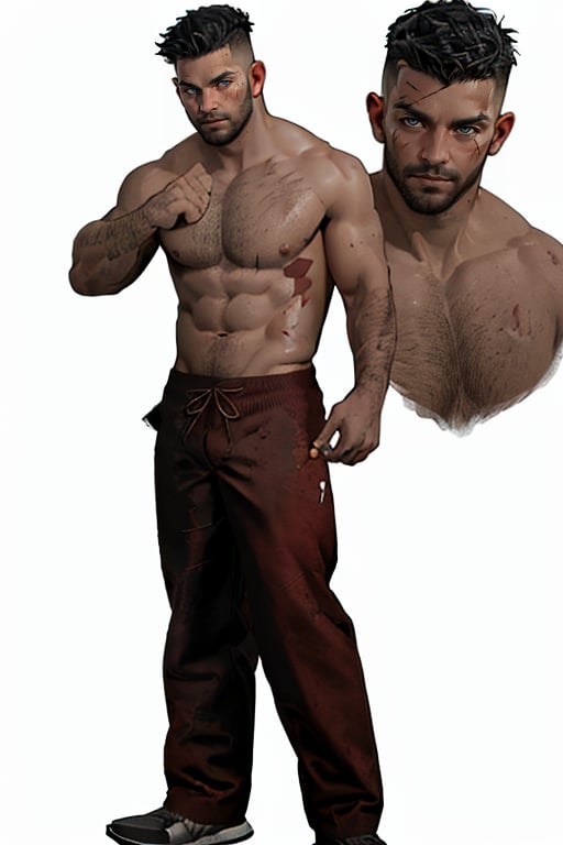 David King, black hair, stubble, dark color eyes, handsome, charming, alluring, rugged, topless, shirtless, red wool trousers, white hand wraps, (short hair, crewcut, flattop:1.2. low hair:1.2), scars on face, weathered, wounds, blood, (standing, boxer pose), (full body in frame), simple background, black background, fog, dark atmosphere, perfect light, perfect anatomy, perfect proportions, perfect perspective, 8k, HQ, (best quality:1.5, hyperrealistic:1.5, photorealistic:1.4, madly detailed CG unity 8k wallpaper:1.5, masterpiece:1.3, madly detailed photo:1.2), (hyper-realistic lifelike texture:1.4, realistic eyes:1.2), picture-perfect face, perfect eye pupil, detailed eyes, realistic, HD, UHD, (front view:1.2), portrait, looking at viewer, perfecteyes, mature