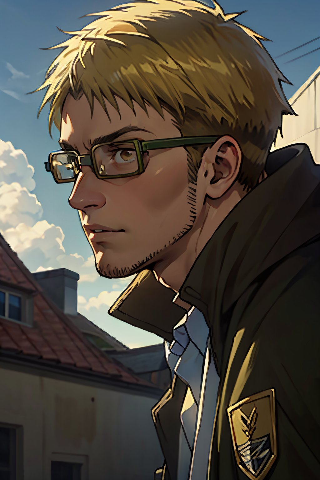 Abel, solo, Attack on Titan, white collared shirt, uniform of the Scout Regiment, green cloak, blond hair, brown eyes, goggles, thick-rimmed glasses with bands around head, light stubble on chin and cheekbones, (shaved philtrum, hairless philtrum:1.3), fit body, handsome, charming, alluring, intense gaze, gentle expression, soft expression, (standing), (upper body in frame), simple background, green plains, cloudy blue sky, perfect light, only1 image, perfect anatomy, perfect proportions, perfect perspective, 8k, HQ, (best quality:1.5, hyperrealistic:1.5, photorealistic:1.4, madly detailed CG unity 8k wallpaper:1.5, masterpiece:1.3, madly detailed photo:1.2), (hyper-realistic lifelike texture:1.4, realistic eyes:1.2), picture-perfect face, perfect eye pupil, detailed eyes, realistic, HD, UHD, (front view:1.2), portrait, looking outside frame