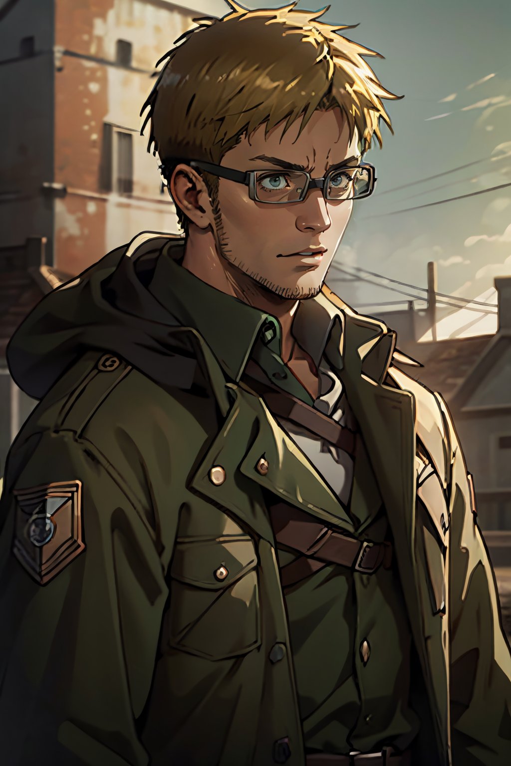 Abel, Attack on Titan, Shingeki no Kyojin, Scout Regiment, uniform of the Scout Regiment, green cloak, goggles, thick-rimmed glasses with bands around head, 1boy, solo, male, man, mature, handsome, manly, blond_hair, short hair, light stubble on chin and cheekbones, intense gaze, gentle expression, soft expression, masculine, handsome, charming, alluring, rugged, black trench coat, black pants, grey vest, dark red cravat, (standing), (upper body in frame), simple background, dark atmosphere, perfect light, perfect anatomy, perfect proportions, perfect perspective, 8k, HQ, (best quality:1.5, hyperrealistic:1.5, photorealistic:1.4, madly detailed CG unity 8k wallpaper:1.5, masterpiece:1.3, madly detailed photo:1.2), (hyper-realistic lifelike texture:1.4, realistic eyes:1.2), picture-perfect face, perfect eye pupil, detailed eyes, realistic, HD, UHD, (front view:1.2), portrait, looking outside frame,perfecteyes,(MkmCut),AttackonTitan