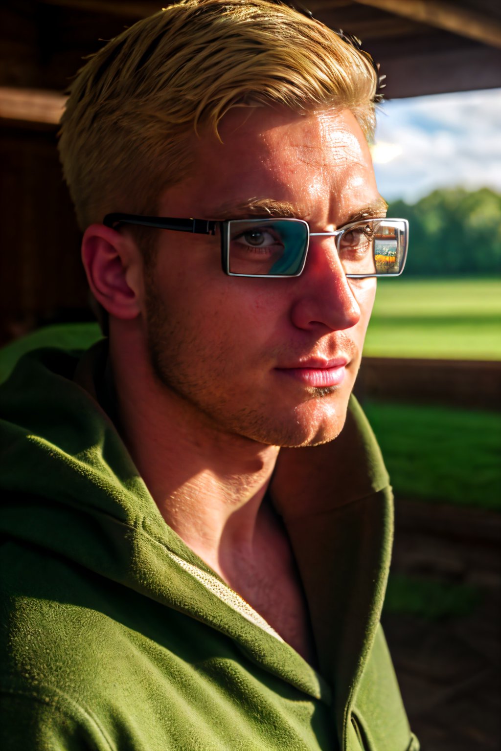 Abel, solo, Attack on Titan, uniform of the Scout Regiment, green cloak, blond hair, brown eyes, goggles, thick-rimmed glasses with bands around head, light stubble on chin and cheekbones, (shaved philtrum, hairless philtrum:1.3), fit body, handsome, charming, alluring, intense gaze, gentle expression, soft expression, (standing), (upper body in frame), simple background, green plains, cloudy blue sky, perfect light, only1 image, perfect anatomy, perfect proportions, perfect perspective, 8k, HQ, (best quality:1.5, hyperrealistic:1.5, photorealistic:1.4, madly detailed CG unity 8k wallpaper:1.5, masterpiece:1.3, madly detailed photo:1.2), (hyper-realistic lifelike texture:1.4, realistic eyes:1.2), picture-perfect face, perfect eye pupil, detailed eyes, realistic, HD, UHD, (front view:1.2), portrait, looking outside frame,(MkmCut)