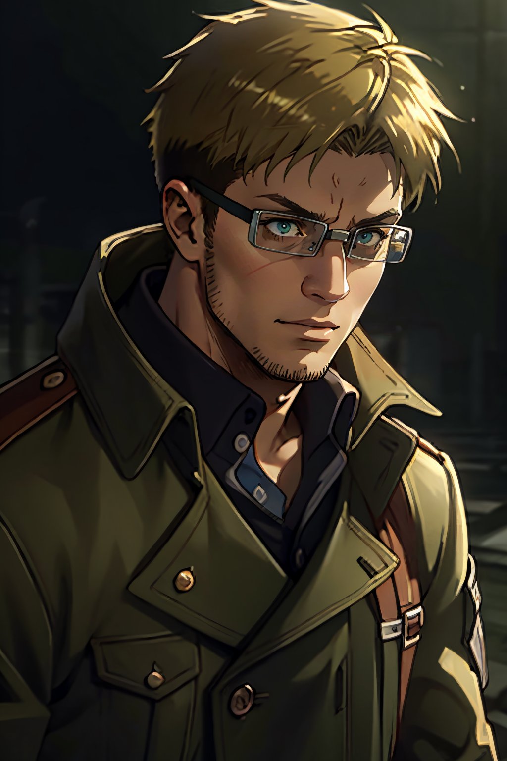 Abel, Attack on Titan, Shingeki no Kyojin, Scout Regiment, uniform of the Scout Regiment, green cloak, goggles, thick-rimmed glasses with bands around head, 1boy, solo, male, man, mature, handsome, manly, blond_hair, short hair, light stubble on chin and cheekbones, intense gaze, gentle expression, soft expression, masculine, handsome, charming, alluring, rugged, black trench coat, black pants, grey vest, dark red cravat, (standing), (upper body in frame), simple background, dark atmosphere, perfect light, perfect anatomy, perfect proportions, perfect perspective, 8k, HQ, (best quality:1.5, hyperrealistic:1.5, photorealistic:1.4, madly detailed CG unity 8k wallpaper:1.5, masterpiece:1.3, madly detailed photo:1.2), (hyper-realistic lifelike texture:1.4, realistic eyes:1.2), picture-perfect face, perfect eye pupil, detailed eyes, realistic, HD, UHD, (front view:1.2), portrait, looking outside frame,perfecteyes,(MkmCut)