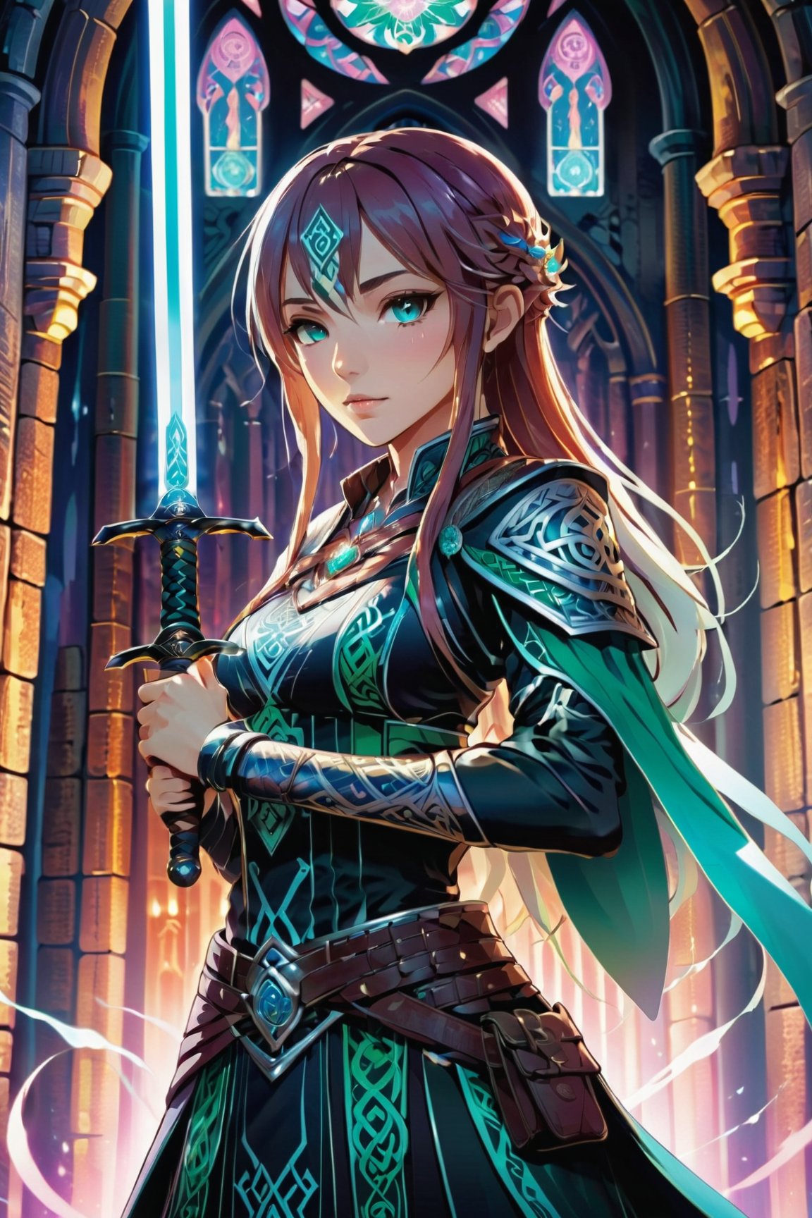 anime style, ultra detailed illustration of a beautiful adult woman, wearing tribal celtic clothes, she's standing in a dungeon while summoning some magic with her hands, ((Mushoku Tensei:1.3)) ((Sword art online:1.3)), magical glow, holographic glow, ultra detailed face, bold ink lines, cel shaded, art by MSchiffer, full color, contrasting colors

