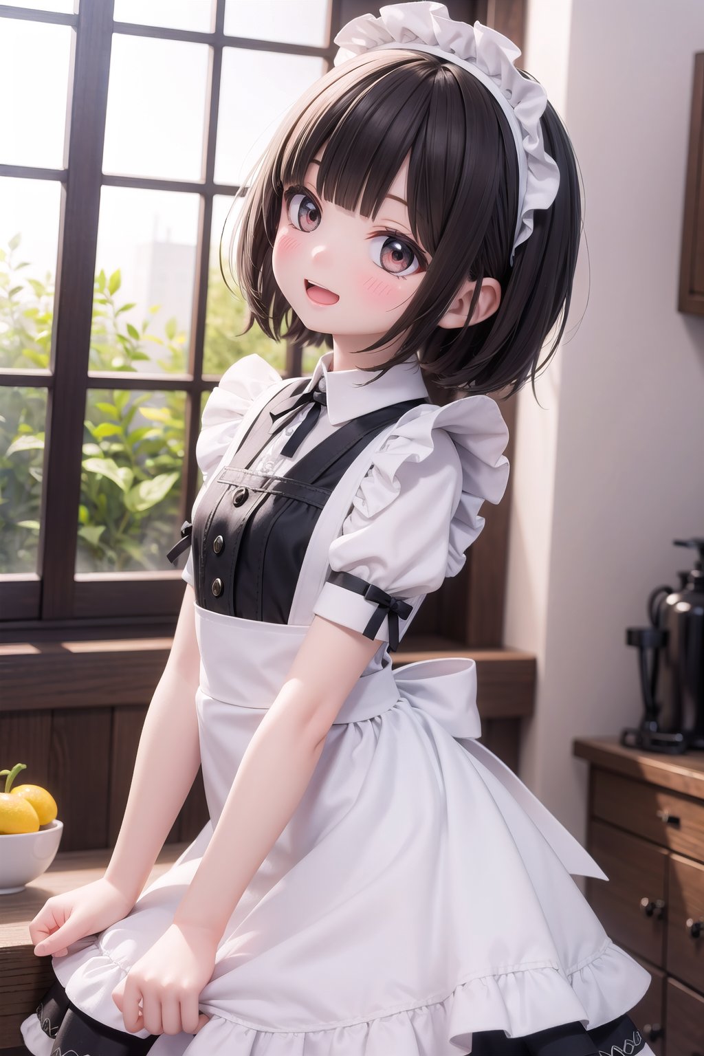 (masterpiece),  sunlight,  indoors,  1girl,  petite,  short hair,  black hair,  blunt bangs,  blush,  smile,  open mouth,  frills,  lace trim,  frilled dress,  maid apron,  maid headdress,  frilled apron,  back bow