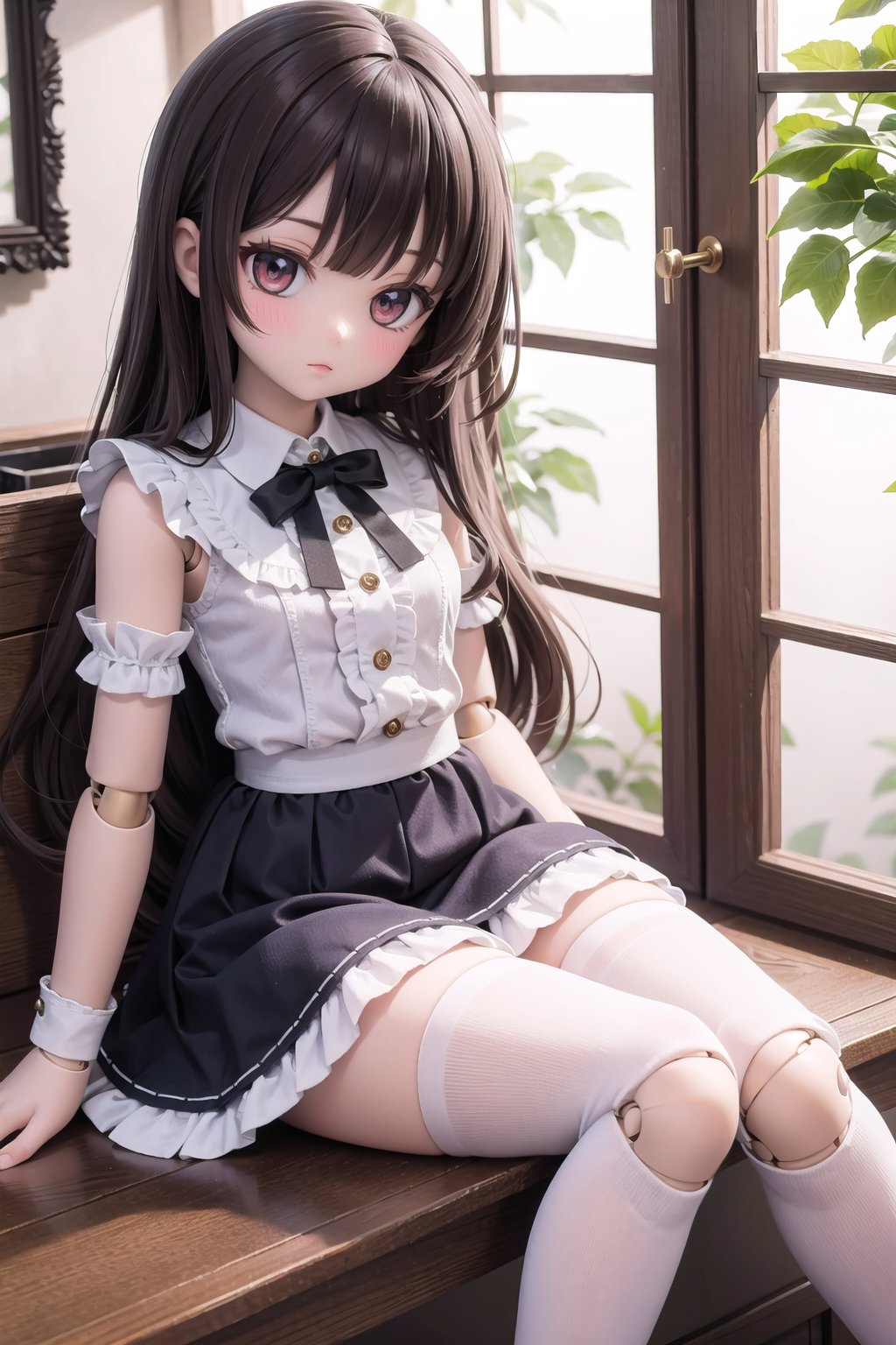 (masterpiece),  indoors,  sitting,  1girl,  (doll joints:1.2),  frills,  frilled skirt,  lace trim
