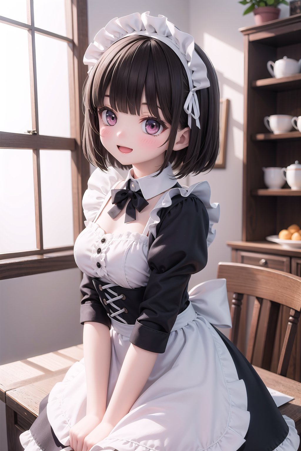(masterpiece),  indoors,  1girl,  medium breasts,  short hair,  black hair,  blunt bangs,  blush,  smile,  open mouth,  frills,  lace trim,  frilled dress,  maid apron,  maid headdress,  frilled apron,  back bow