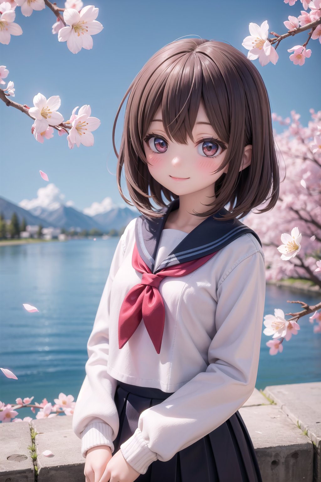 (masterpiece),  outdoors,  cherry blossoms,  petals,  sunlight,  lake,  1girl,  blush,  smile,  medium hair,  sailor uniform
