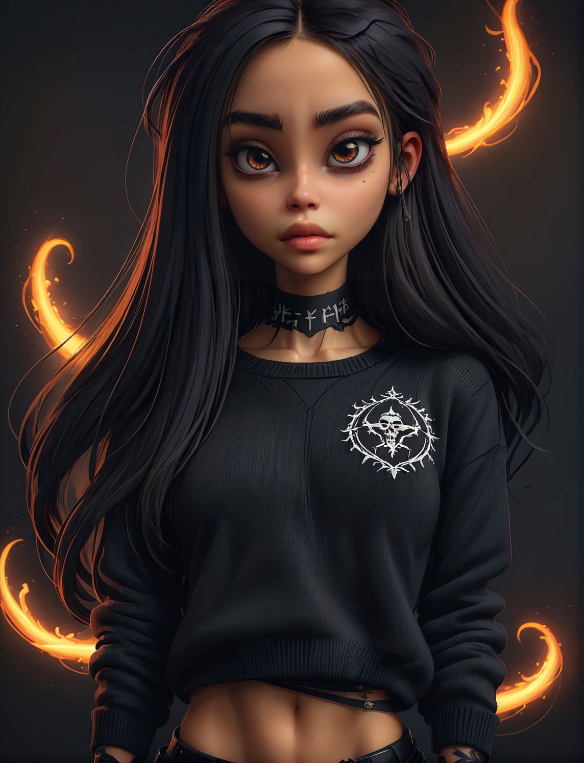 (masterpiece, best quality, absurdres, 4k, aesthetic, detailed, intricate, perfect lighting),simple background,1girl,wearing  virgin destroyer sweater,black clothing,abs,mefaith,  long hair,    ,Extremely Realistic,goth person,ExStyle,samdoesart,Leonardo Style